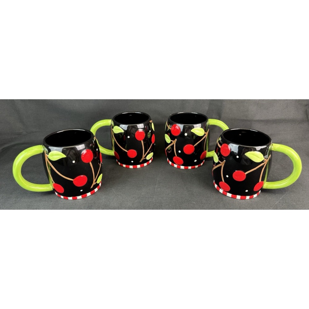 Set Of 4 Sakura Mary Engelbreit Black Cherries Stoneware  Coffee:tea Mugs
